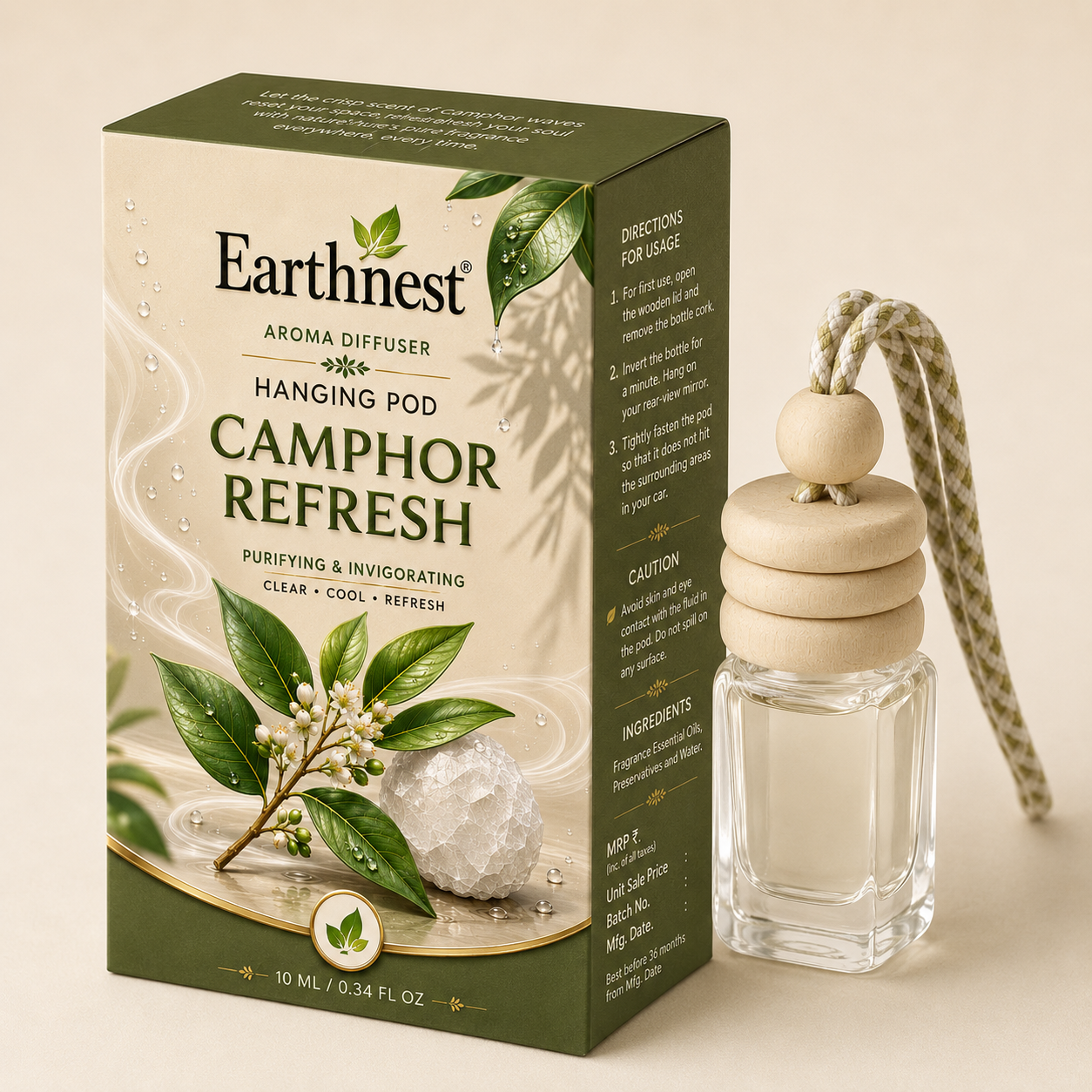 Earthnest Camphor refresh Hanging Pod Aroma Diffuser – Premium Long Lasting Car Perfume & Air Freshener (10ml)