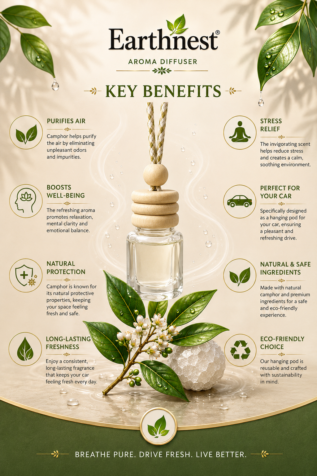 Earthnest Camphor refresh Hanging Pod Aroma Diffuser – Premium Long Lasting Car Perfume & Air Freshener (10ml) - Image 2
