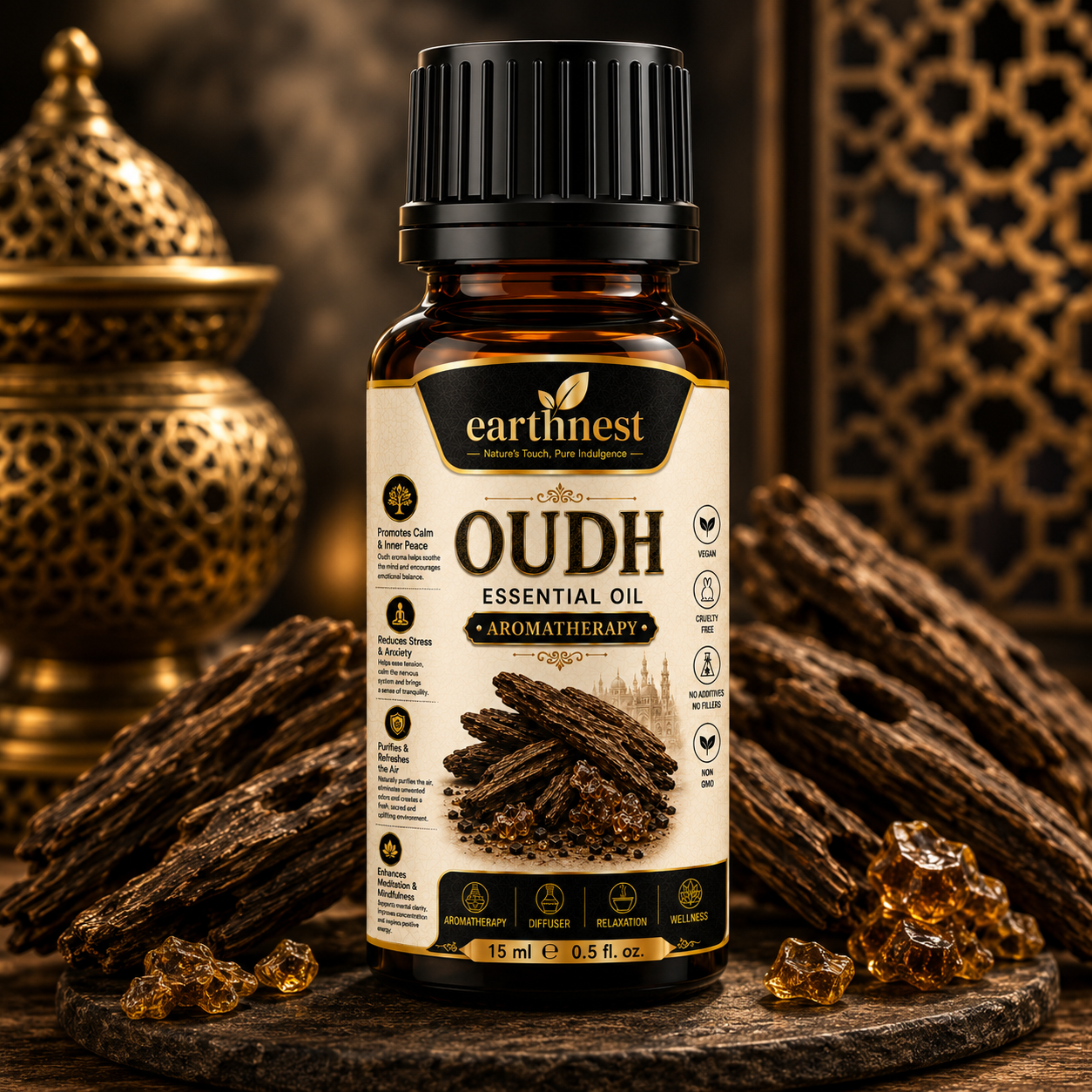 Earthnest Oudh Essential Oil – 100% Pure Steam Distilled Aromatherapy Oil | 15ml