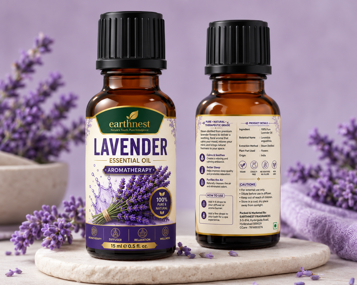 Earthnest Lavender Essential Oil – 100% Pure Steam Distilled Aromatherapy Oil (15ml)