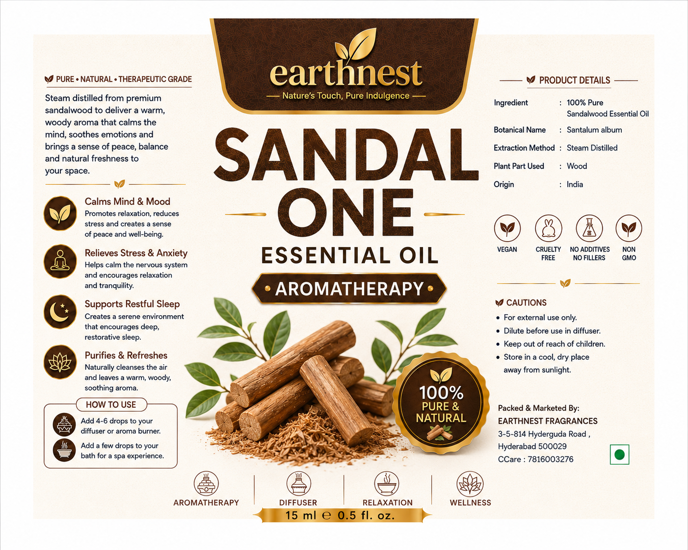Earthnest Sandal One Essential Oil – Premium Aromatherapy Blend for Relaxation, Wellness & Home Fragrance (15ml) - Image 2