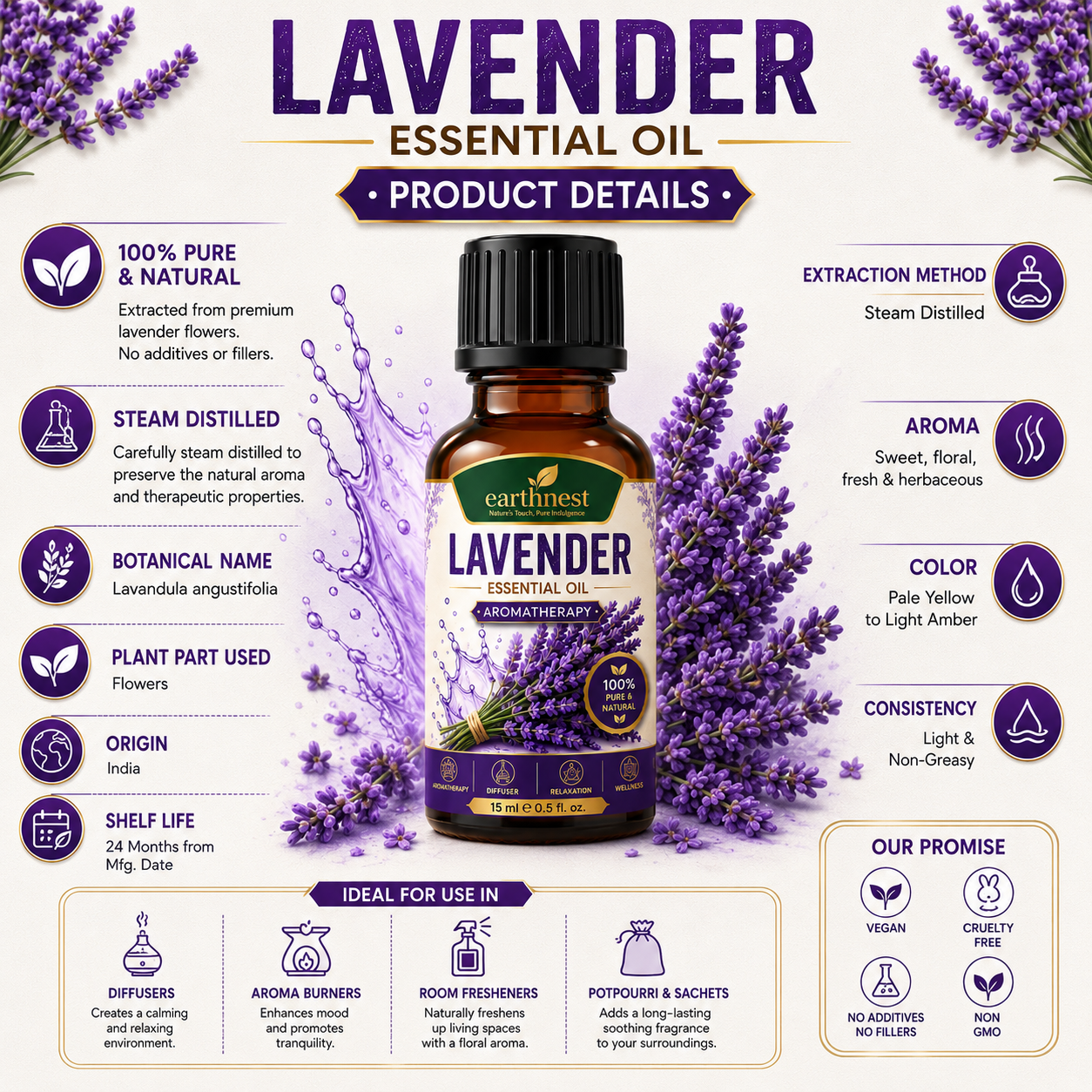 Earthnest Lavender Essential Oil – 100% Pure Steam Distilled Aromatherapy Oil (15ml) - Image 3
