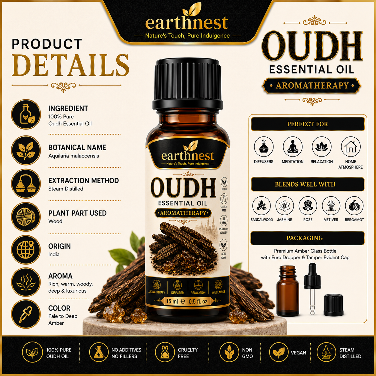 Earthnest Oudh Essential Oil – 100% Pure Steam Distilled Aromatherapy Oil | 15ml - Image 3