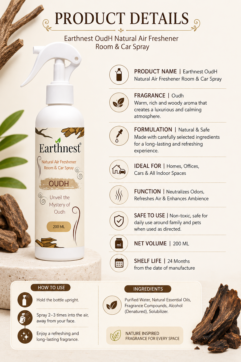 Earthnest Pure Oudh Premium Air Freshener Spray | 200ml - Image 2