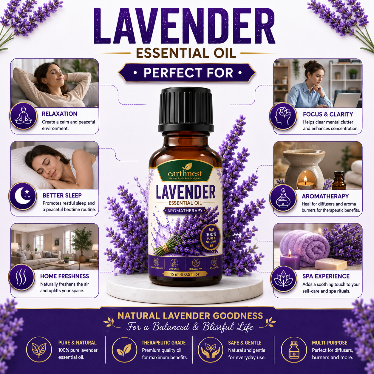 Earthnest Lavender Essential Oil – 100% Pure Steam Distilled Aromatherapy Oil (15ml) - Image 2