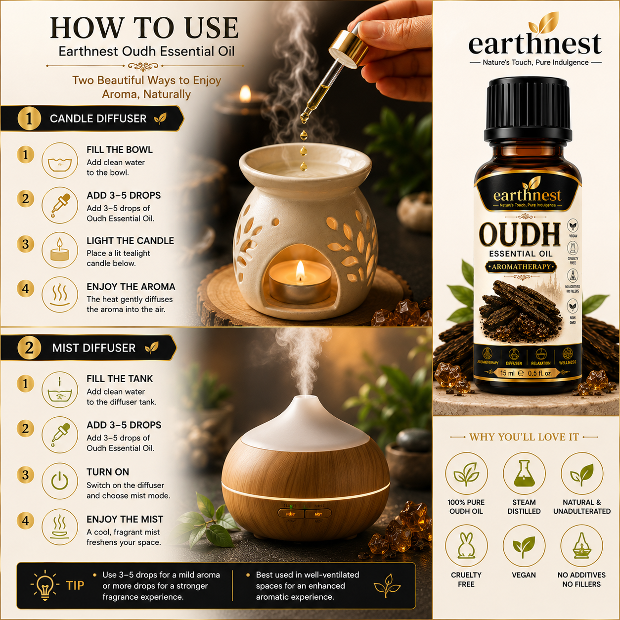 Earthnest Oudh Essential Oil – 100% Pure Steam Distilled Aromatherapy Oil | 15ml - Image 4