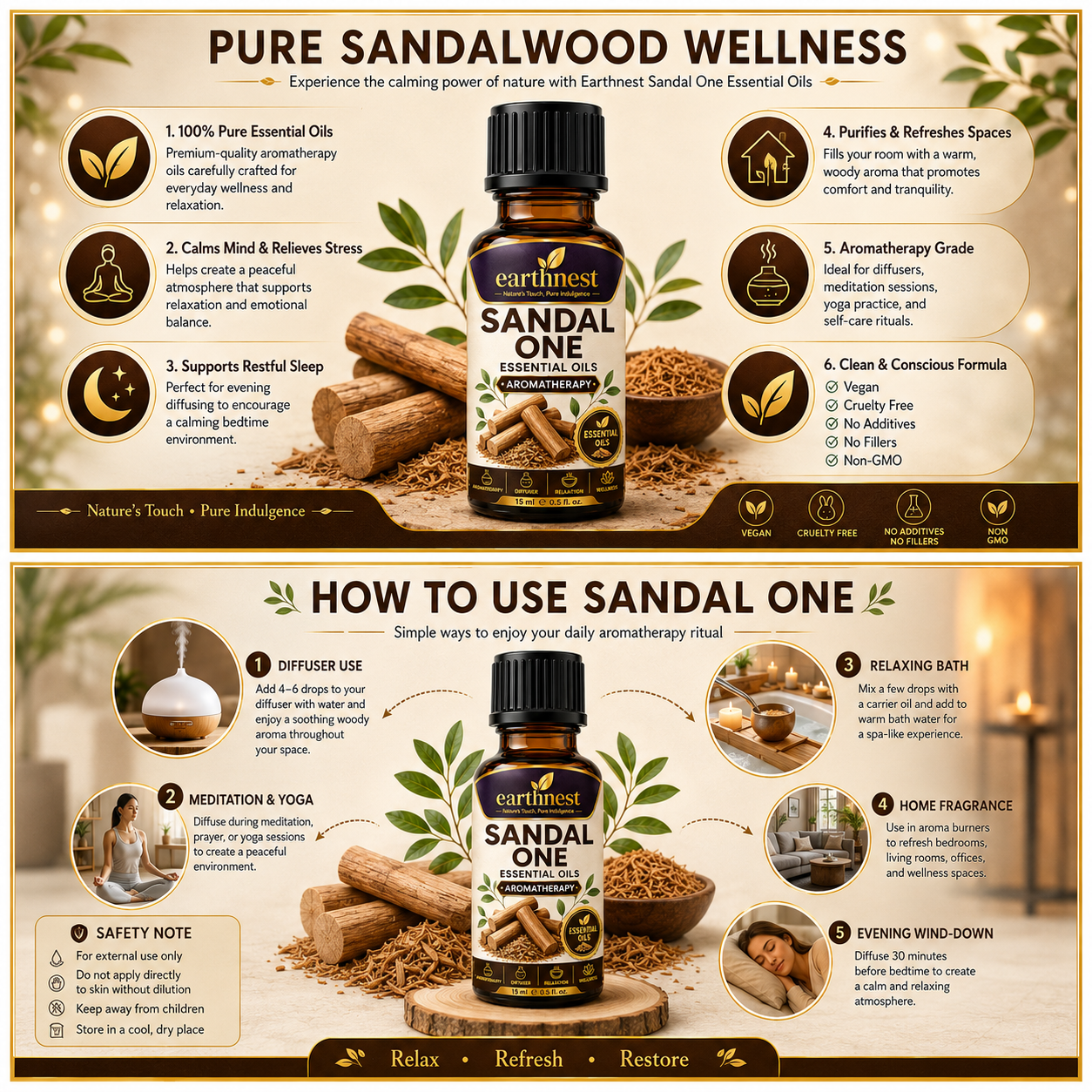Earthnest Sandal One Essential Oil – Premium Aromatherapy Blend for Relaxation, Wellness & Home Fragrance (15ml) - Image 3